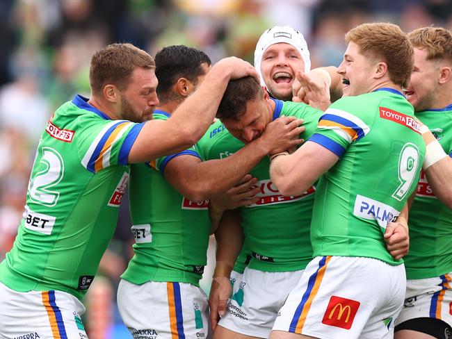 WAGGA WAGGA, AUSTRALIA - APRIL 29: Jack Wighton of the Raiders celebrates scoring a try with team mates during the round nine NRL match between the Canberra Raiders and Dolphins at McDonalds Park on April 29, 2023 in Wagga Wagga, Australia. (Photo by Mark Nolan/Getty Images)