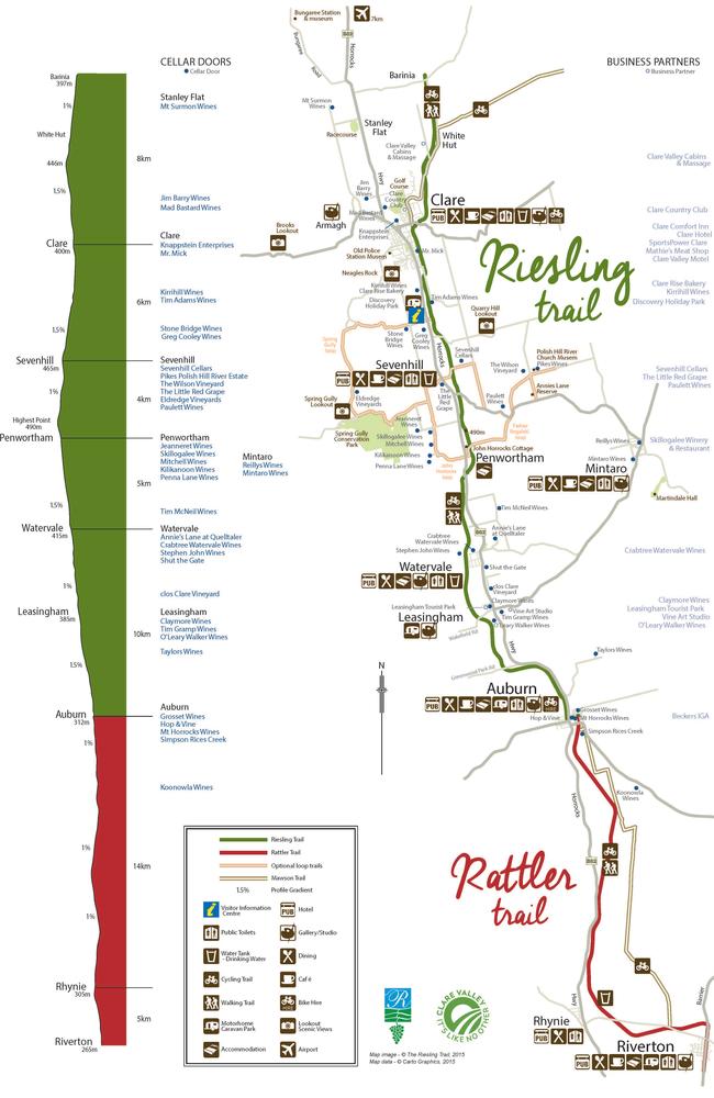 A map showing the full route of the Riesling and Rattler trails.