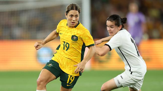 MELBOURNE, AUSTRALIA - FEBRUARY 28: Katrina Gorry of Australia controls the ball during the AFC Women's Olympic Football Tournament Paris 2024 Asian Qualifier Round 3 match between Australia Matildas and Uzbekistan at Marvel Stadium on February 28, 2024 in Melbourne, Australia. (Photo by Robert Cianflone/Getty Images)