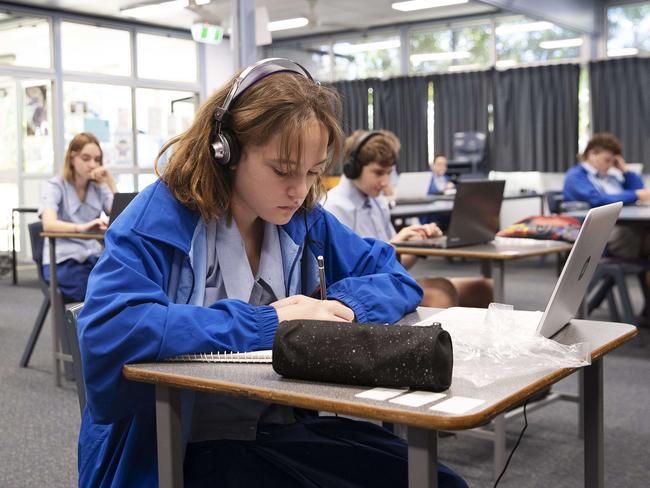 Inside classrooms during the Covid-19 pandemic at Redcliffe State High School. Students learning and practising social distancing. Klingner Rd, Redcliffe, Brisbane, 1st of May 2020. (AAP Image/Attila Csaszar)