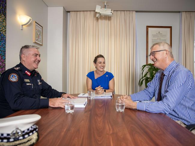 25-08-2024 - NT chief minister elect Lia Finocchiaro meets NT police commissioner Michael Murphy and Ken Davies, CEO of the Department of Chief Minister, at the NT parliament on Sunday. Picture: Liam Mendes / The Australian / Pool