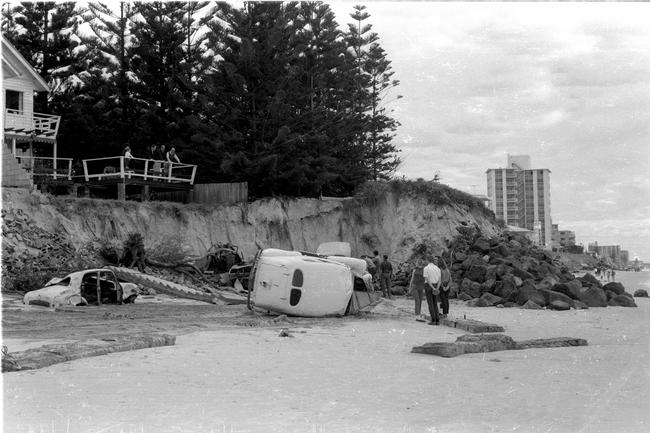 Sandbags and car bodies used to try and stop beach erosion on the Gold Coast, 1967, Queensland. Source: Gold Coast Libraries Local Studies Collection.
