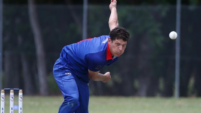 Barron River pace bowler Gerhard Labuschagne sends a howler down the pitch in the Cricket Far North Round 6 first grade match between Barron River and Rovers at Crathern Park, Trinity Beach. Picture: Brendan Radke