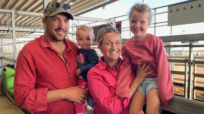 Sam and Kelly Livinstone, Rutherglen and their children Addi, 1, and Macey, 5, bought Angus cows and calves to $1600 and Hereford heifers for $930 at the Wodonga store cattle sale.