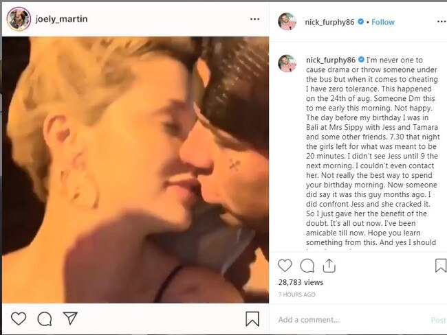 Former MAFS contestant Jessika Power is seen locking lips with Joel Martin in Bali when her ex Nick Furphy says the couple were still together. Picture: Instagram