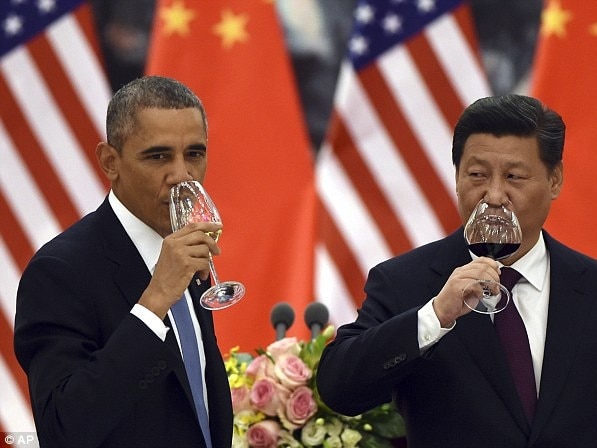 US President Barack Obama and China President Xi Jinping drink Chateau Tanunda at the G20 Summit in 2014. Picture: Supplied