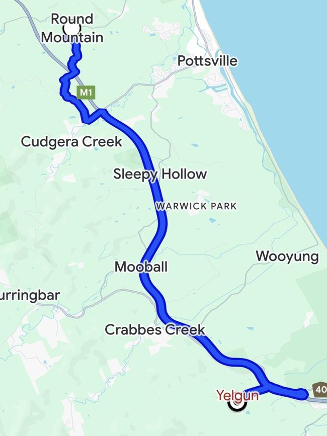 Beattie drove dangerously between Yelgun and Round Mountain. Picture: Google