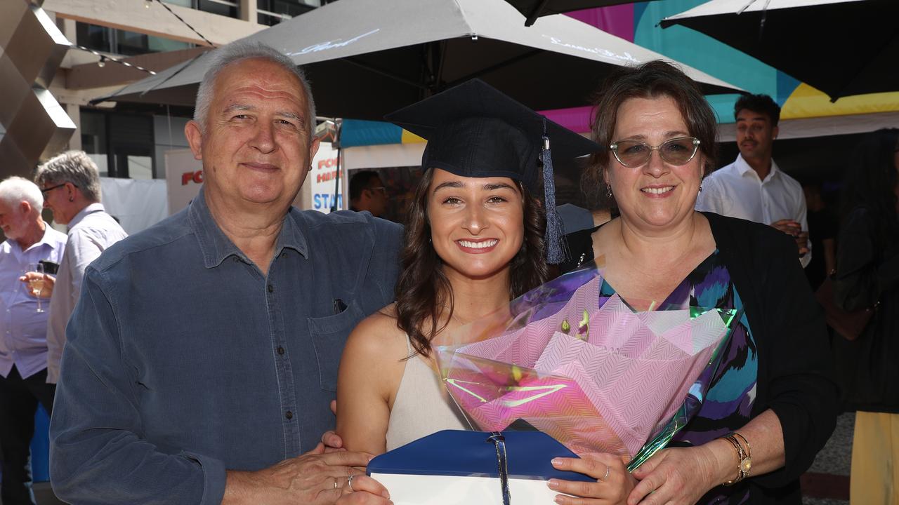 Thomas, Zoe and Christina Pierias. Deakin School of Education; NIKERI; and Centre of Humanitarian Leadership students graduated on Wednesday lunchtime. Picture: Alan Barber