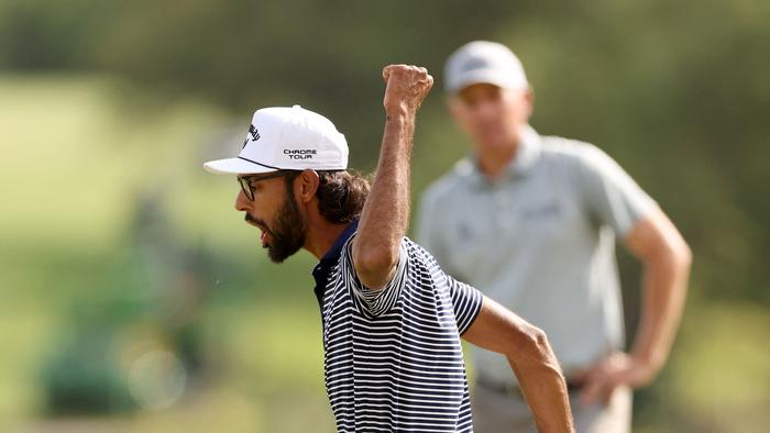 SAN ANTONIO, TEXAS – APRIL 07: Akshay Bhatia of the United States celebrates after playing his putt shot on the 18h hole during the final round of the Valero Texas Open at TPC San Antonio on April 07, 2024 in San Antonio, Texas. Brennan Asplen/Getty Images/AFP (Photo by Brennan Asplen / GETTY IMAGES NORTH AMERICA / Getty Images via AFP)