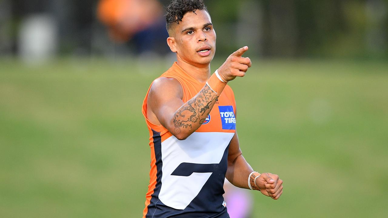 Bobby Hill of the Giants gestures after kicking a goal during the AFL Marsh Community Series pre-season match between the GWS Giants and the Sydney Swans at Blacktown International Sportspark in Sydney, Saturday, February 29, 2020. (AAP Image/Dan Himbrechts) NO ARCHIVING, EDITORIAL USE ONLY