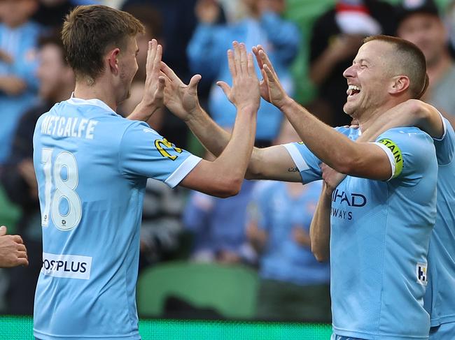 MELBOURNE, AUSTRALIA - MAY 09: Scott Jamieson of Melbourne City celebrates after scoring a goal during the A-League match between Melbourne City and Brisbane Roar at AAMI Park, on May 09, 2021, in Melbourne, Australia. (Photo by Robert Cianflone/Getty Images)