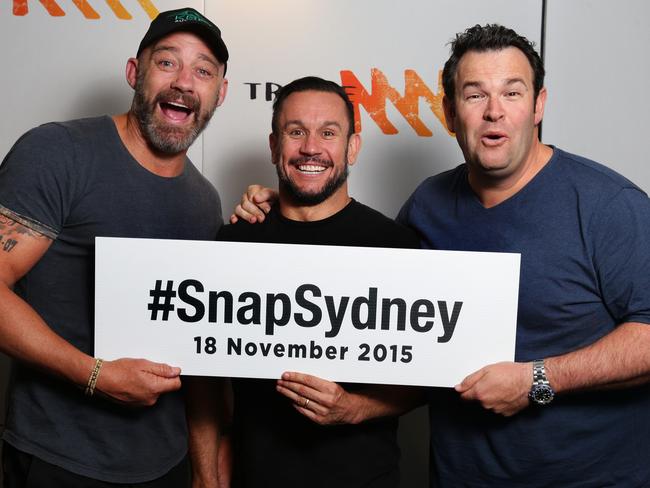 #SnapSydney 2015 . The Triple M Grill Team's Mark Geyer, Matty Johns and Gus Worland with the SnapSydney Sign at Triple M studio, Sydney.