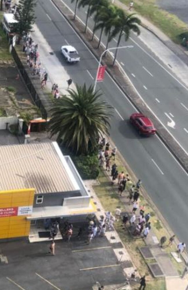 A long line at the Covid-19 testing site at Ferny Ave, Surfers Paradise. Picture: Jewell Rollins