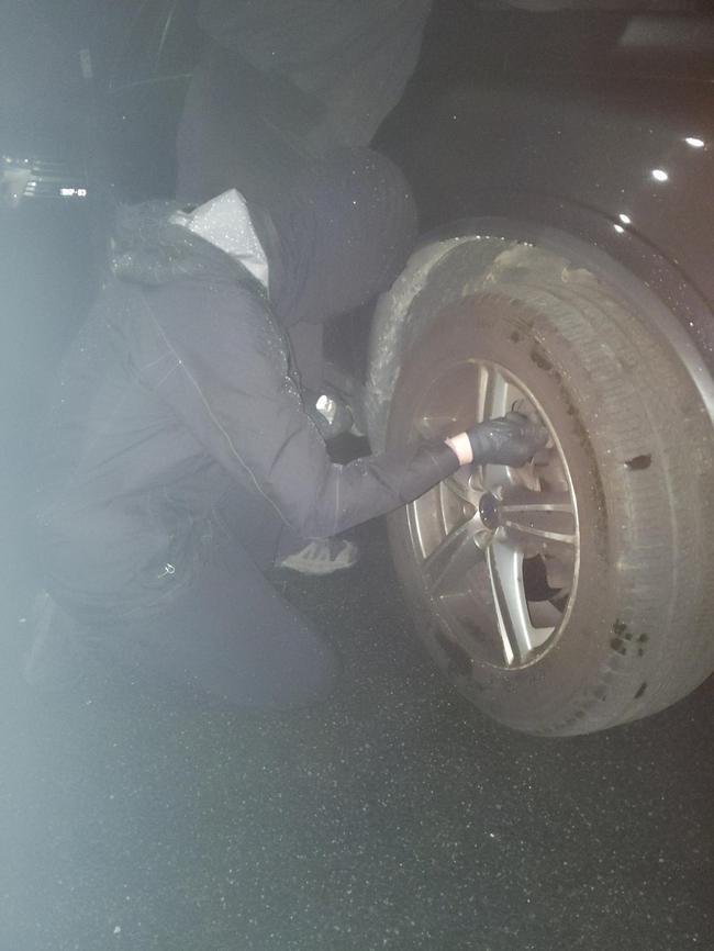 Radical environmental group Tyre Extinguishers have deflated tyres on SUVs in Toorak, Victoria. Picture: Supplied