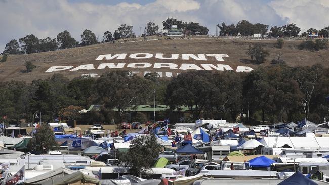 Campers in front of Mount Panorama at the Bathurst 1000. It’ll be deserted this year.