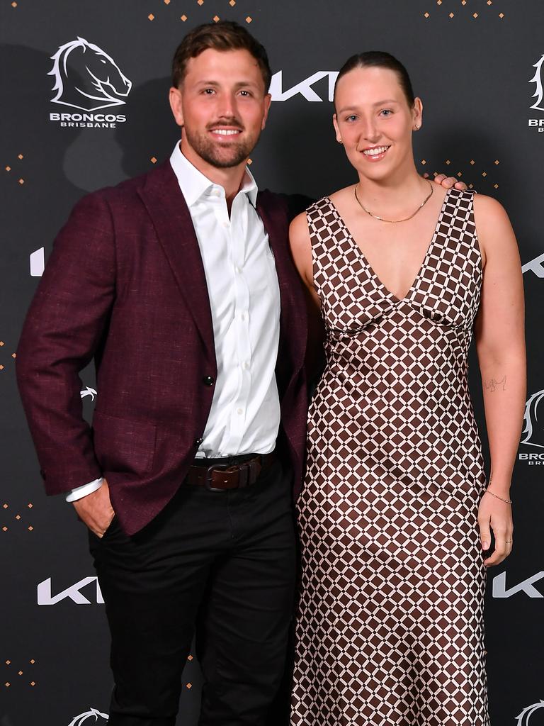 Tyson Smoothy and Kasey Price at the Broncos’ 2025 season launch at The Star Brisbane. Picture: John Gass