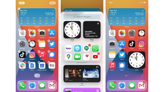 To access the iOS 14 widget library, hold down on the iPhone’s home screen and tap the plus sign in the upper-left corner. Picture: Joanna Stern/The Wall Street Journal