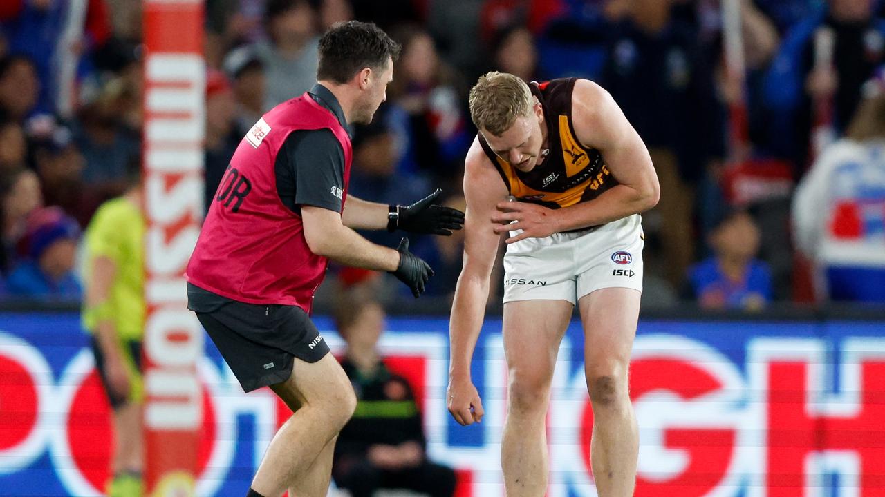 James Sicily dislocated his shoulder against the Western Bulldogs. Picture: Dylan Burns/AFL Photos via Getty Images