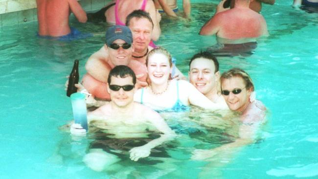 Coogee Dolphins mates in Bali on the day they arrived, October 12, 2002. CLOCKWISE FROM BOTTOM LEFT: The late Dave Mavroudis with glass in hand, the late Josh Iliffe with hat, Dean Kefford, who survived, the late Adam Howard and Daniel Mortensen, who survived.