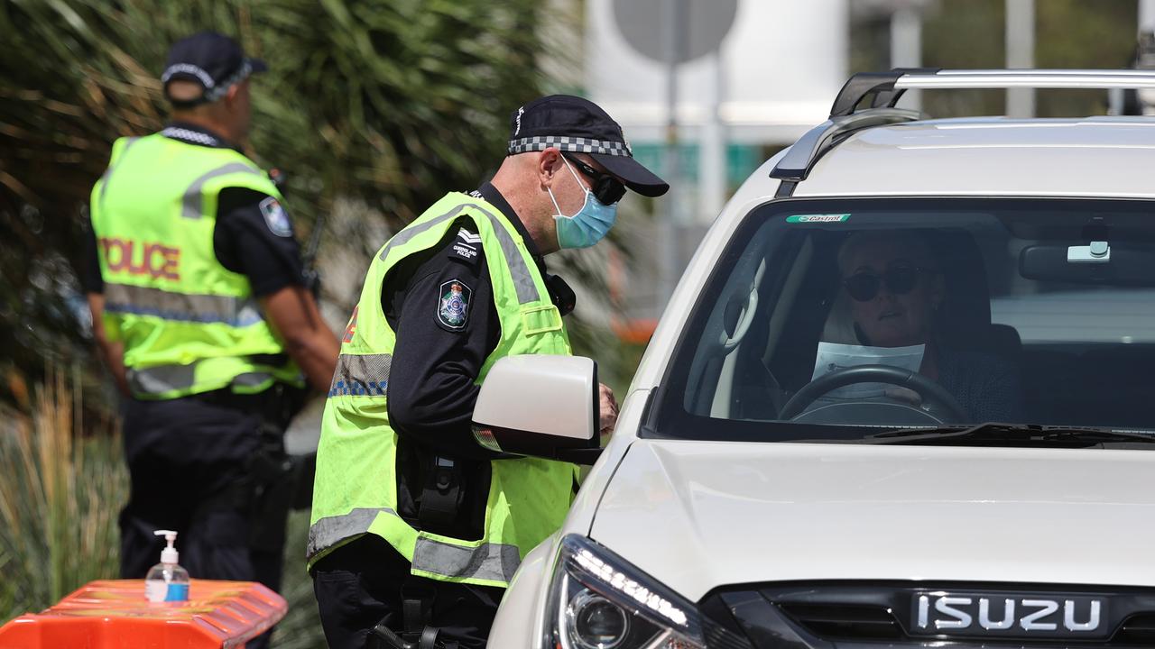 Police at the Queensland border in Griffith Street, Coolangatta. The checkpoints will be removed on Saturday. Picture: NIGEL HALLETT