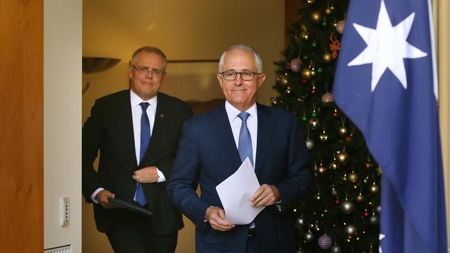 Treasurer Scott Morrison and PM Malcolm Turnbull speaking at a press conference in the PM Courtyard at Parliament House in Canberra. Picture Kym Smith