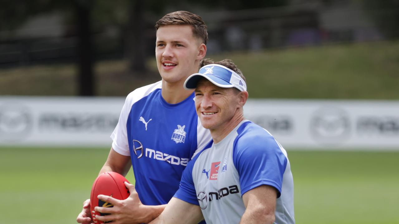 Brent Harvey is a development coach at North Melbourne and was able to break the news of Cooper’s debut in front of the Kangaroos players on Thursday. Picture: David Caird