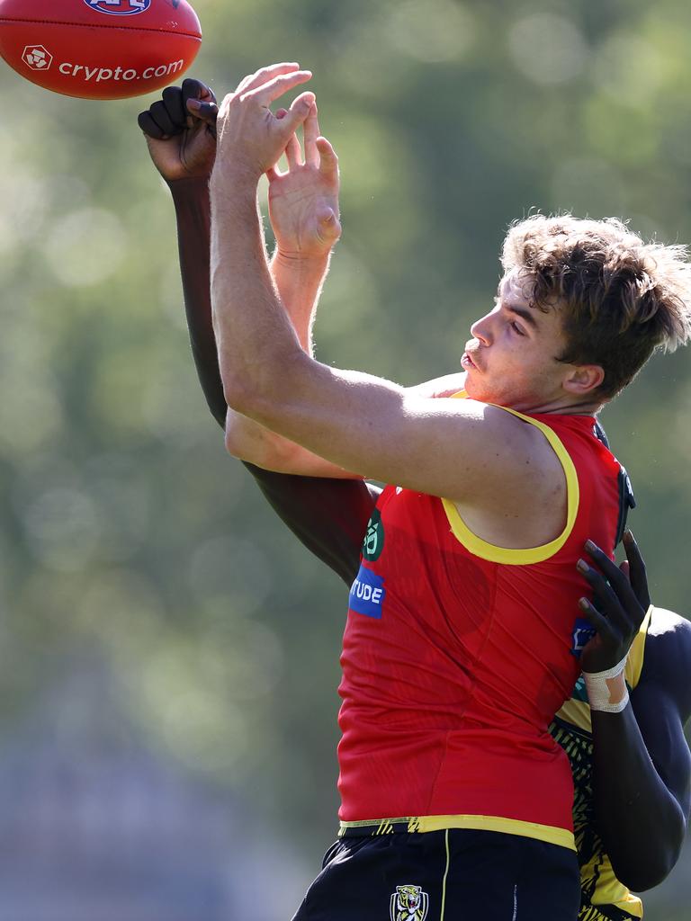 Kaelan Bradtke flies for a mark at training. Picture: Michael Klein