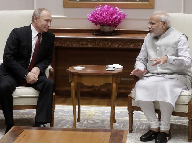 Russian President Vladimir Putin and Indian Prime Minister Narendra Modi in 2018. Putin has pledged his help towards India’s COVID crisis. Picture: AFP