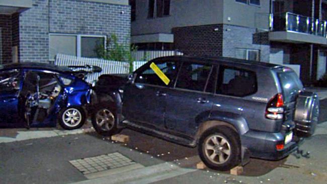 A Toyota Prado crashed into two parked cars in the laneway, before hitting the two children. Picture: 7News