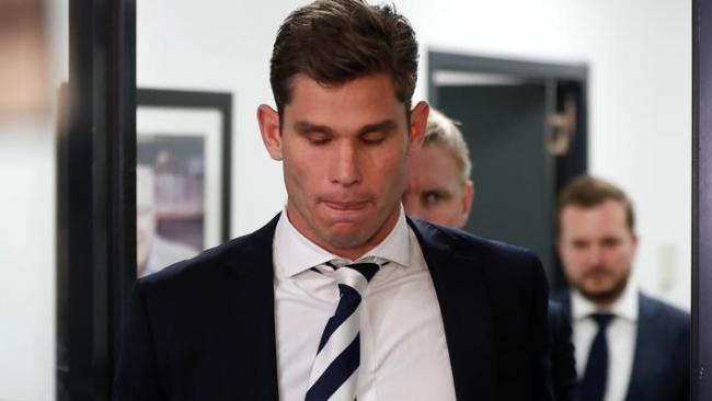 Tom Hawkins leaves the tribunal after failing to have his striking ban overturned. Picture: Getty Images