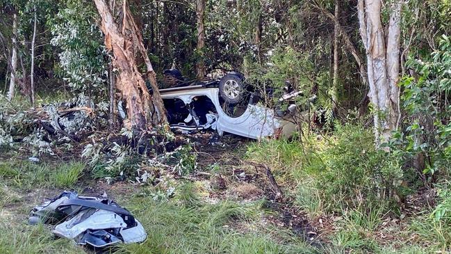 The scene of the fatal crash on the Sunshine Motorway on-ramp at Mountain Creek on Friday, April 29, 2022.