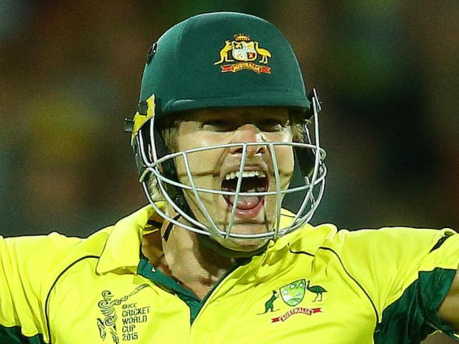 20/03/15 - ICC World Cup Cricket - Australia v Pakistan at Adelaide Oval. Shane Watson celebrate Australia's win. Photo Sarah Reed