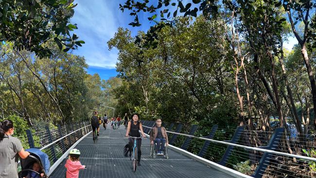 Artist's impressions of a path for pedestrians and cyclists along the Duck River Nature Trail.