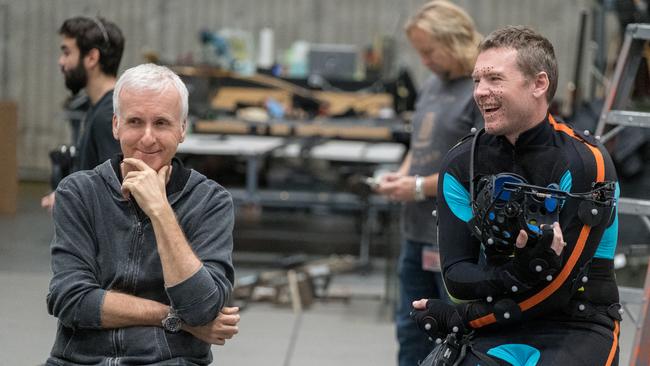 Director James Cameron and actor Sam Worthington on set of Avatar 2. Picture: Mark Fellman/20th Century Fox