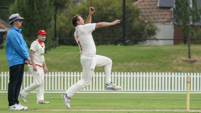 Premier: Casey-South Melbourne quick Jackson Fry steams in. Picture: Valeriu Campan