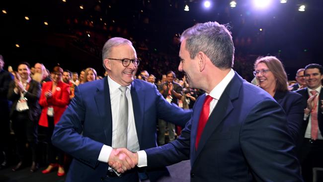 Anthony Albanese and Treasurer Jim Chalmers at the ALP national conference in Brisbane on Thursday. Picture: Dan Peled/NCA NewsWire