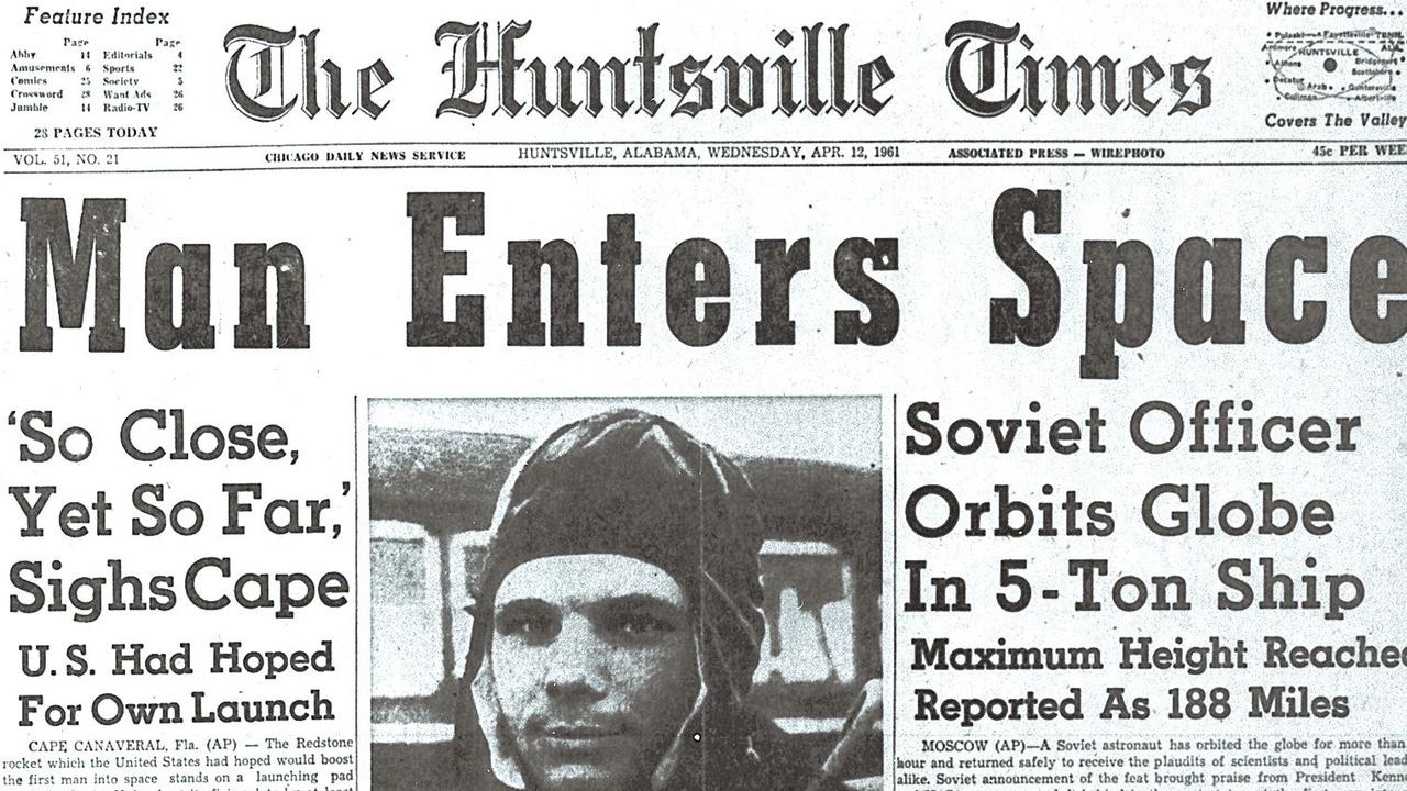 Newsppaper coverage of Yuri Gagarin’s achievement to become the first human to travel into space. Picture: AFP