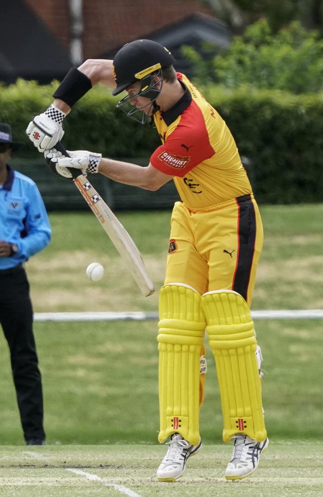 St Kilda batsman Ed Newman defends. Picture: Valeriu Campan