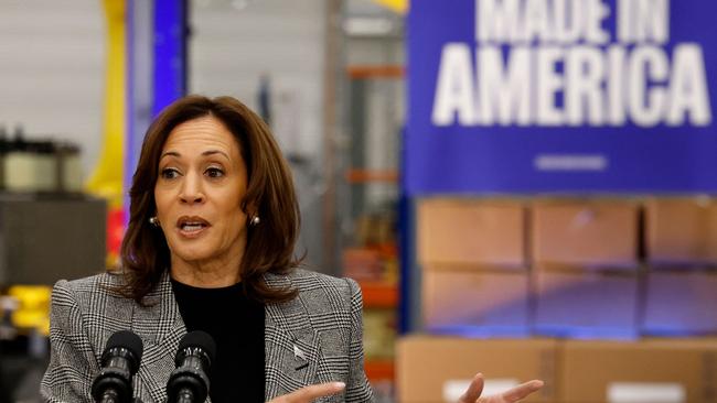 US Vice President and Democratic presidential candidate Kamala Harris speaks to employees as she tours Hemlock Semiconductor headquarters in Hemlock, Michigan, on October 28, 2024. Picture: Jeff Kowalsky/AFP