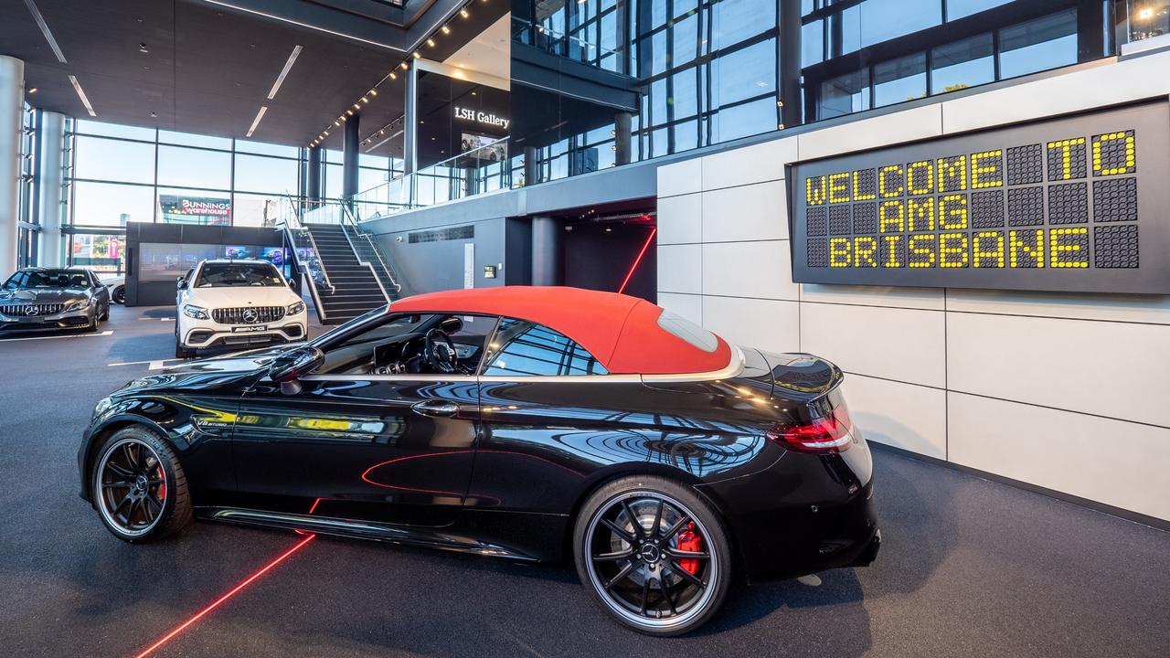 The ground floor of Mercedes-Benz Brisbane with the historic car display.