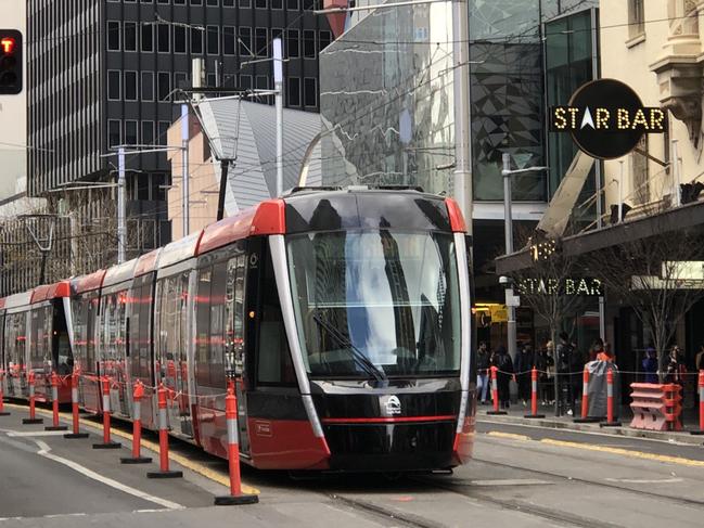 A tram running down George St, Sydney during the first day test to Town Hall. Picture: Supplied