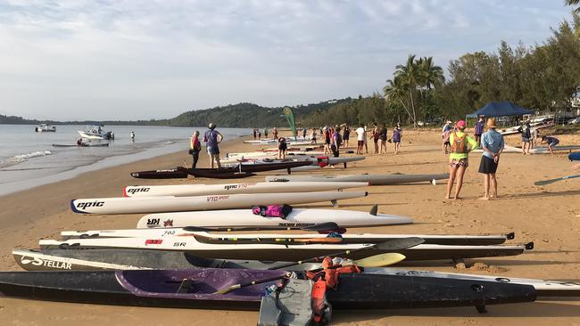 Entrants line South Mission Beach with their selected watercraft in preparation for the paddle to Dunk Island. Picture: supplied