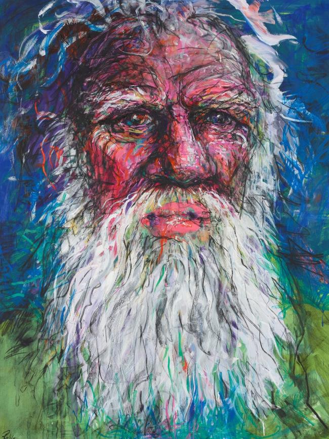 Archibald Prize 2020 finalist Dark Emu' – portrait of Bruce Pascoe; by Byron Shire resident Craig Ruddy; acrylic, oil, charcoal and varnish on canvas; 168 x 153 cm.