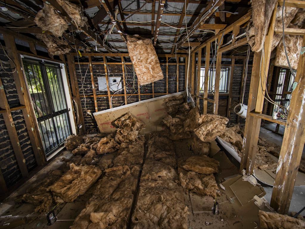 Damage inside Alison Lees’ Corinda home months on from the floods. Picture: Nigel Hallett