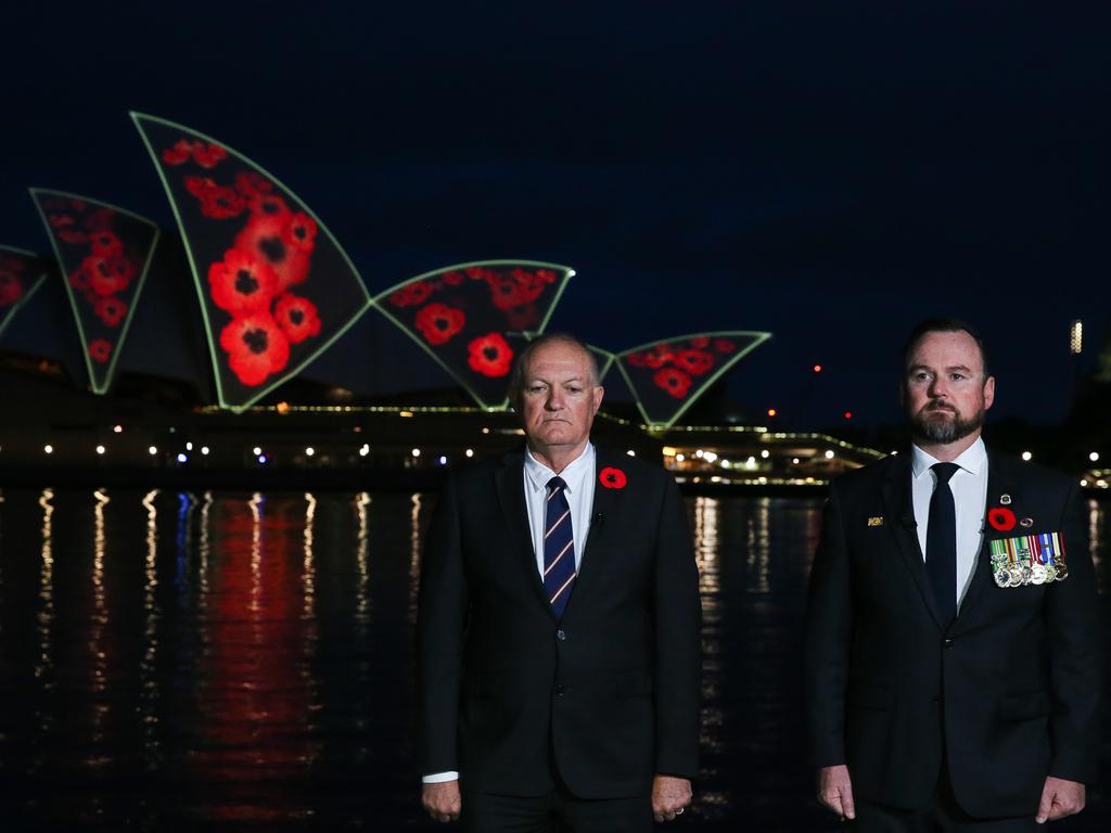 The Minister for Veterans David Harris and RSL NSW President Mick Bainbridge at the Remembrance Day service. Picture: NewsWire / Gaye Gerard