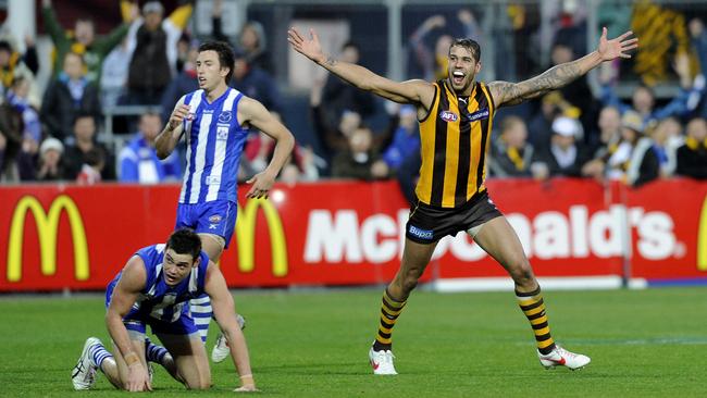 Lance Franklin boots goal number 13 against the Kangaroos in 2012. Picture: AAP Image/Julian Smith