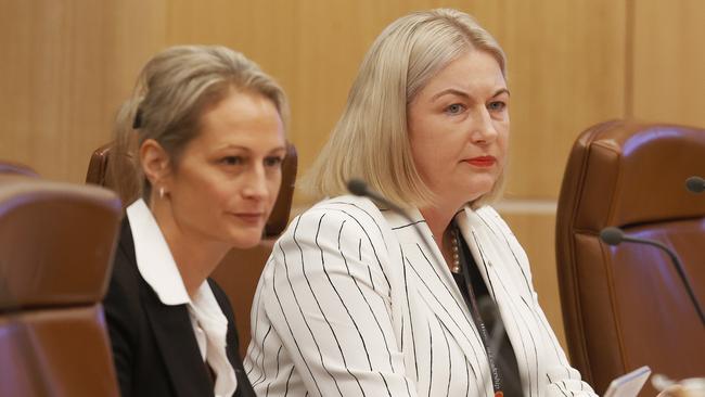 Barrister Regina Weiss (left) and Kathrine Morgan-Wicks, secretary of the Department of Premier and Cabinet speaking to a parliamentary inquiry into the recommendations of the final report of the Commission of Inquiry in Hobart. Picture: Nikki Davis-Jones