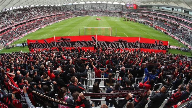 The Red and Black Block cheer on the Wanderers during their A-League round one clash with Central Coast Mariners. Picture: Getty Images