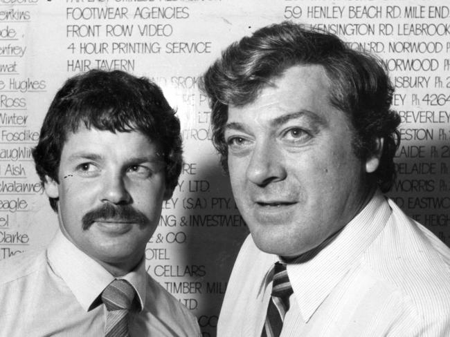 Norwood's retiring captain Greg Turbill (l) with club general manager Wally Miller 02 Nov 1983.