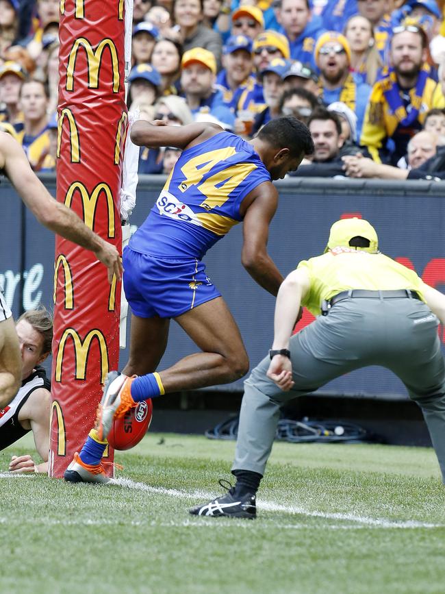 Willie Rioli scoring the first goal for West Coast in the 2018 Grand Final. Picture: David Caird